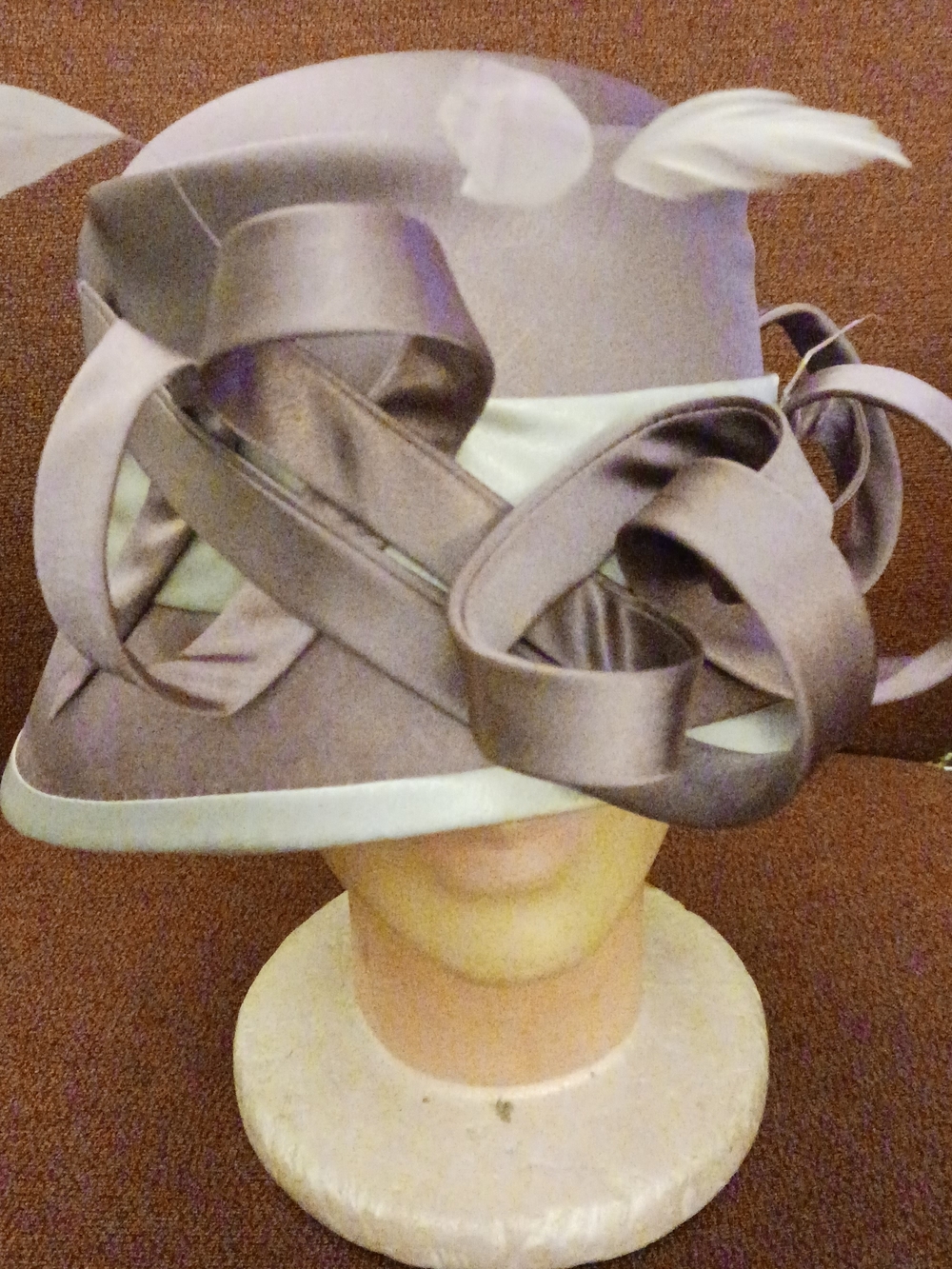 Women's Satin-Trim Dress Hat in Taupe with Ribbon Detail